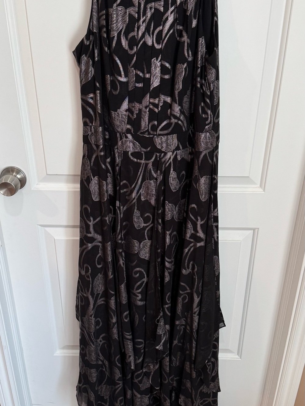 Betsy & Adam Black Maxi Dress with Silver Floral Motif